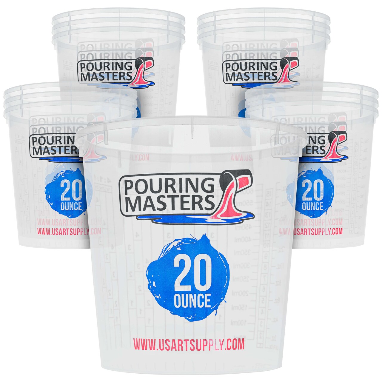 Pouring Masters 20 Ounce (600ml) Graduated Plastic Mixing Cups (Box of 12) - Paint Mixing Cups for Epoxy Resin, Art, Kitchen, Baking - Measurements in OZ and ML, 4 Different Measuring Ratios 1:1